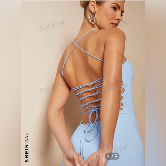 SHEIN Light Blue Bodycon Halter Neck
Spaghetti Strap Tie Low Back Shiny Dress M - Picture 9 of 16